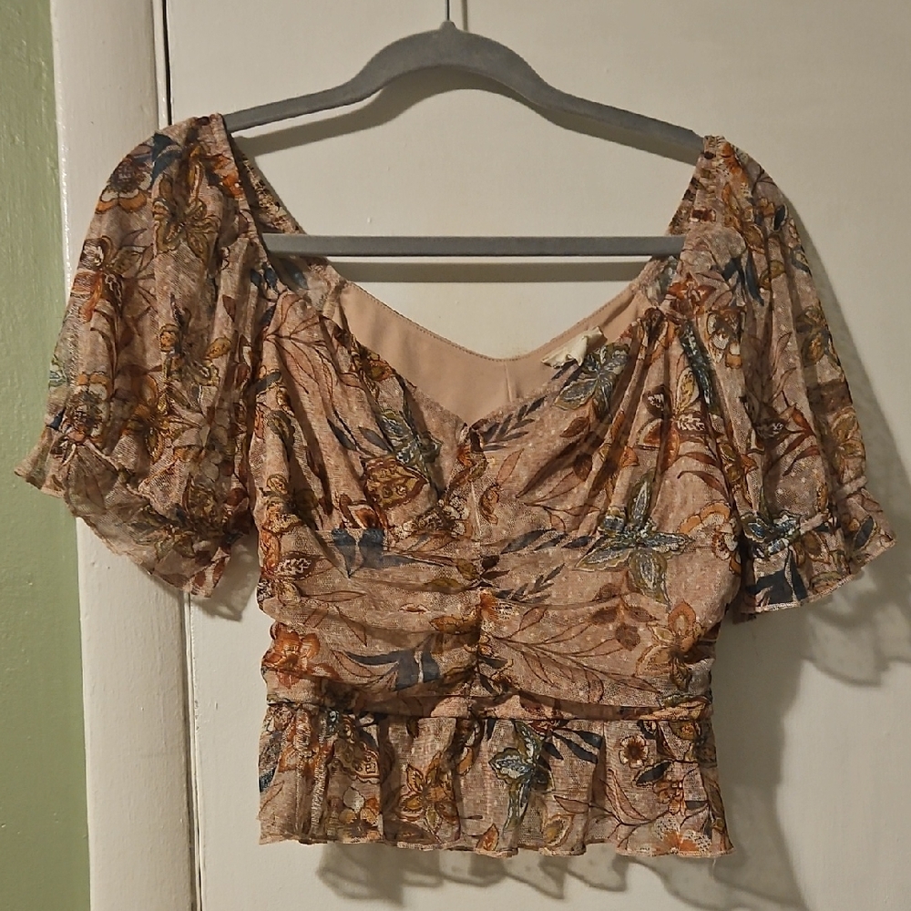 Meraki Floral Puff Sleeve Blouse - Beige and Blue